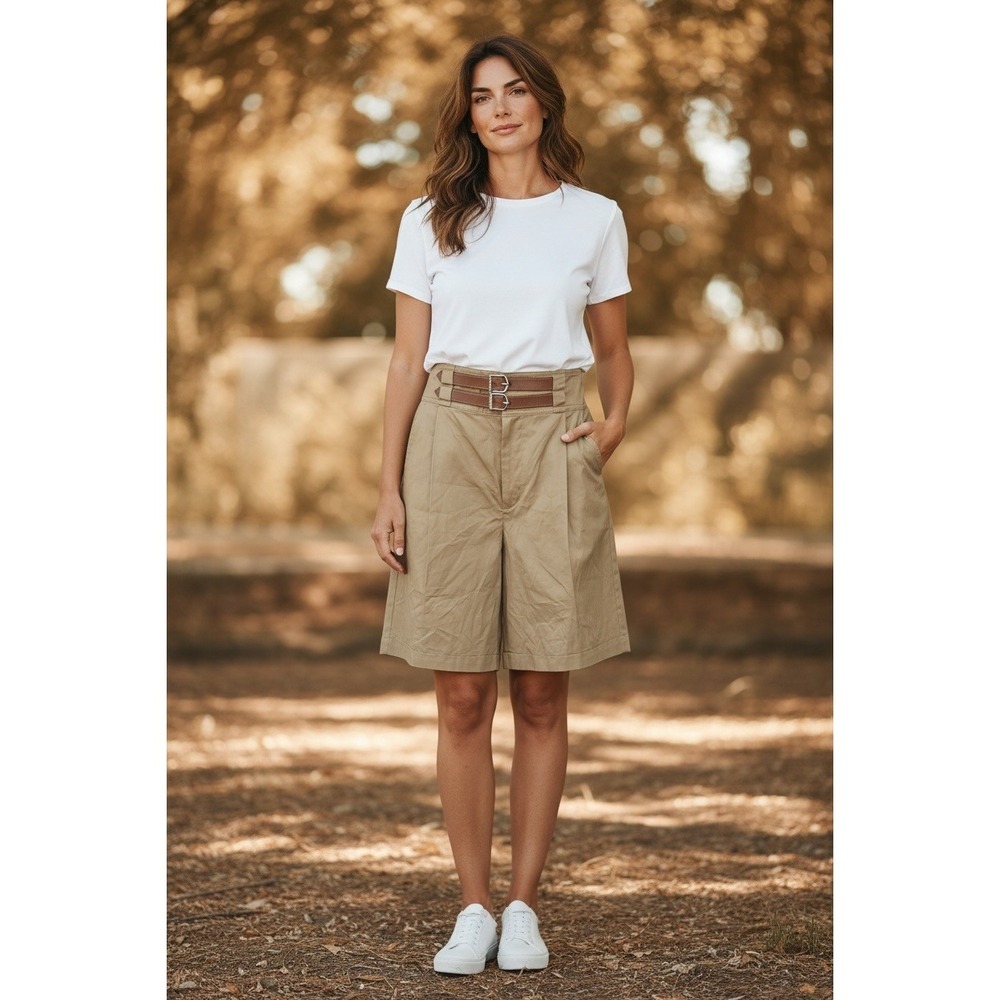 Lauren Ralph Lauren NWT Pleated Shorts SZ8 Tan Double Buckle High Waist Twill